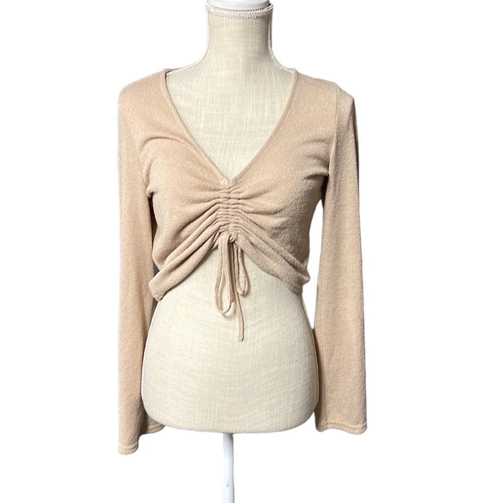 H&M Divided Long Sleeve Blouse Crop Top Shirt Tan Cream Womens Size S - Picture 1 of 6